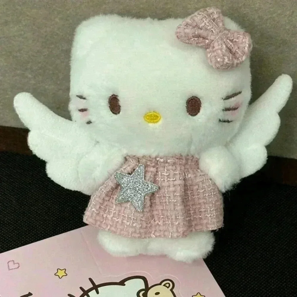 Hello kitty cute pink keychain plush wings bow white dress bag backpack womens